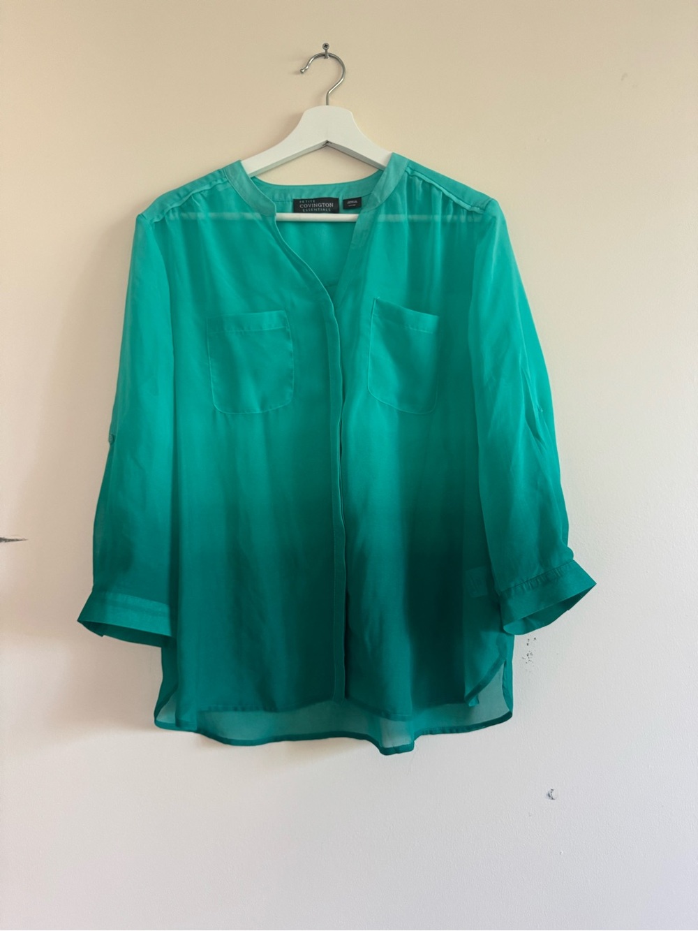 Covington Teal Green Sheer V-Neck Button-Front Blouse
